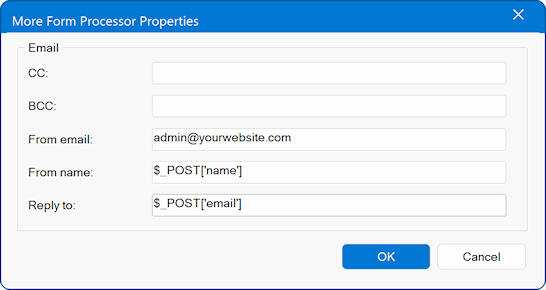Success page settings for the built-in PHP Form Processor