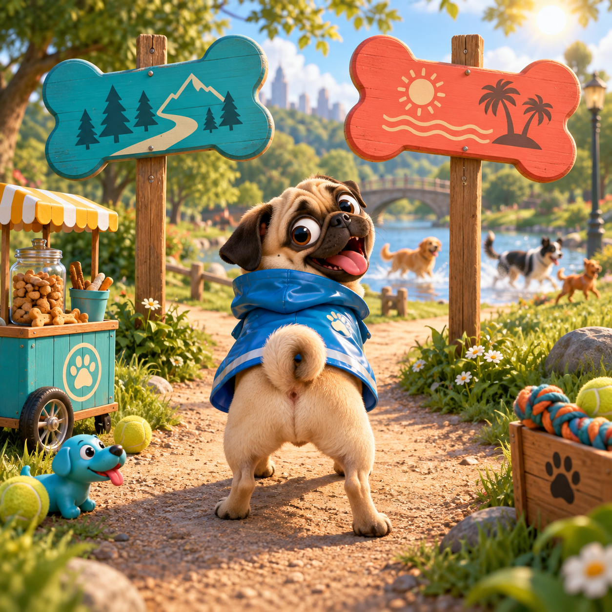Pug choosing a park adventure near a treat cart