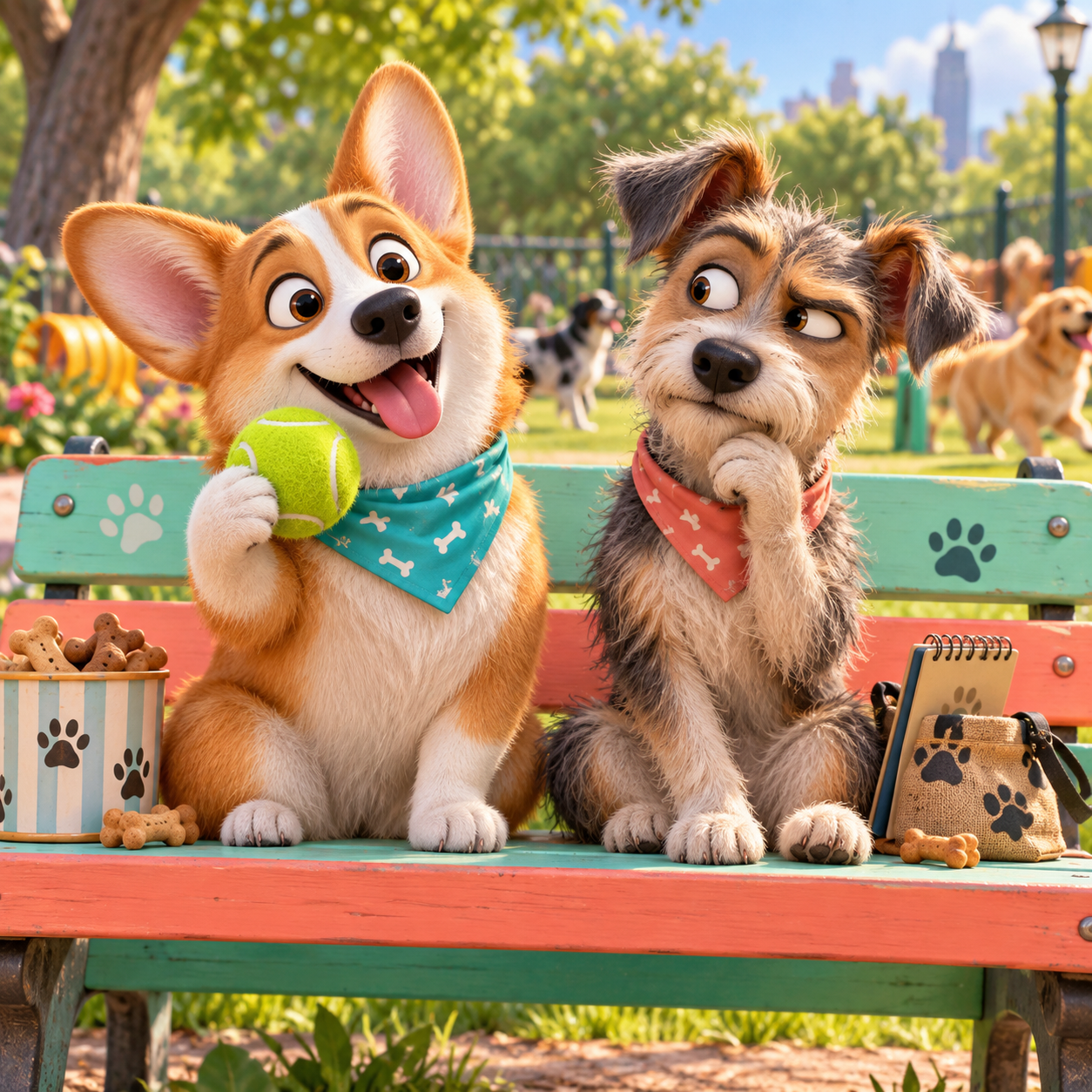 Two funny dogs on a park bench with tennis ball and treats